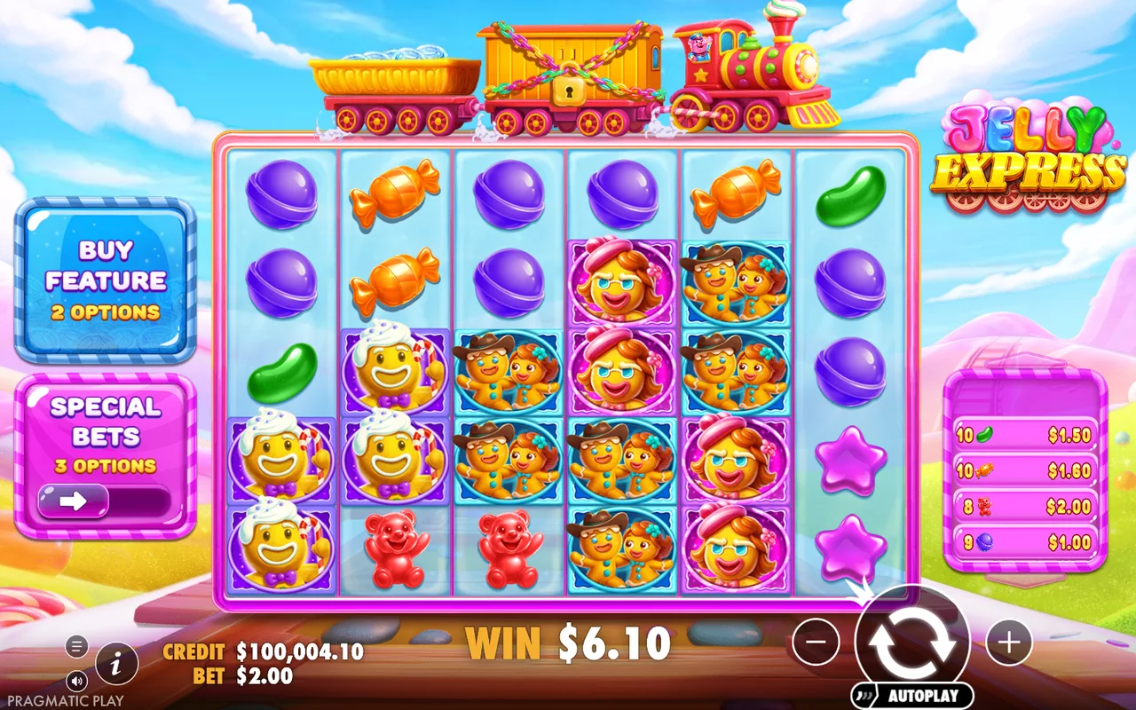 One completed ordinary demo round Completed Jelly Express demo round: USD 2 stake, USD 6.10 win and USD 100004.10 final credit