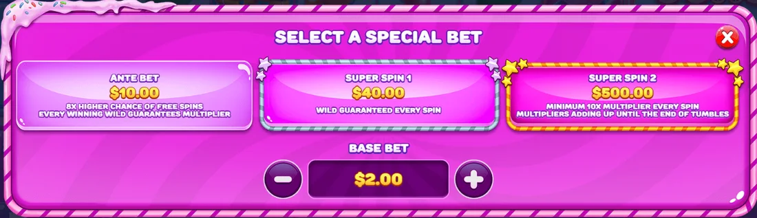 Special bet prices in the inspected demo Special bets menu: Ante USD 10, Super Spin 1 USD 40, Super Spin 2 USD 500 at a USD 2 base